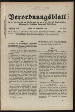 Verordnungsblatt für die Dienstbereiche der Bundesministerien für Unterricht und kulturelle Angelegenheiten bzw. Wissenschaft und Verkehr 19381115 Seite: 1