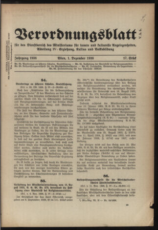 Verordnungsblatt für die Dienstbereiche der Bundesministerien für Unterricht und kulturelle Angelegenheiten bzw. Wissenschaft und Verkehr 19381201 Seite: 1