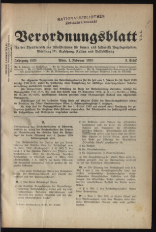 Verordnungsblatt für die Dienstbereiche der Bundesministerien für Unterricht und kulturelle Angelegenheiten bzw. Wissenschaft und Verkehr 19390201 Seite: 1