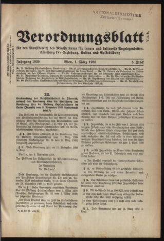 Verordnungsblatt für die Dienstbereiche der Bundesministerien für Unterricht und kulturelle Angelegenheiten bzw. Wissenschaft und Verkehr 19390301 Seite: 1