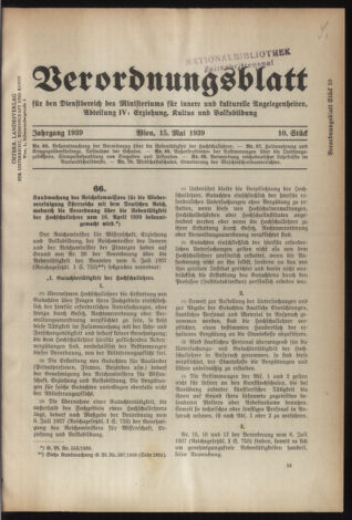 Verordnungsblatt für die Dienstbereiche der Bundesministerien für Unterricht und kulturelle Angelegenheiten bzw. Wissenschaft und Verkehr 19390515 Seite: 1