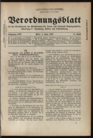 Verordnungsblatt für die Dienstbereiche der Bundesministerien für Unterricht und kulturelle Angelegenheiten bzw. Wissenschaft und Verkehr 19390601 Seite: 1