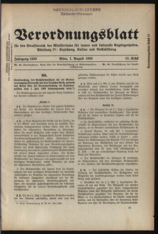 Verordnungsblatt für die Dienstbereiche der Bundesministerien für Unterricht und kulturelle Angelegenheiten bzw. Wissenschaft und Verkehr 19390801 Seite: 1