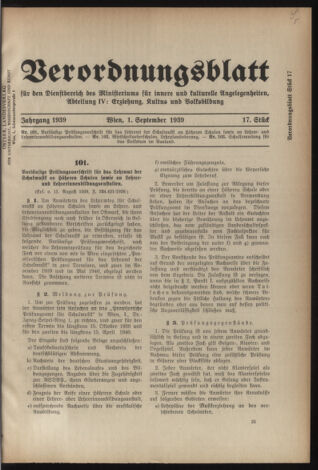 Verordnungsblatt für die Dienstbereiche der Bundesministerien für Unterricht und kulturelle Angelegenheiten bzw. Wissenschaft und Verkehr 19390901 Seite: 1