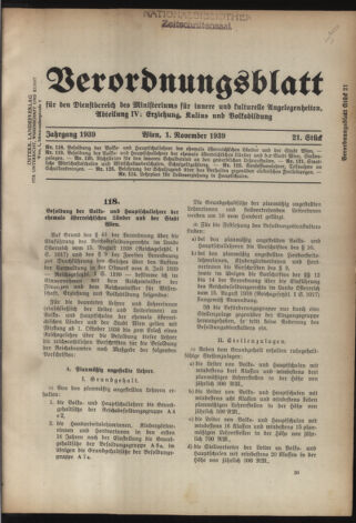 Verordnungsblatt für die Dienstbereiche der Bundesministerien für Unterricht und kulturelle Angelegenheiten bzw. Wissenschaft und Verkehr 19391101 Seite: 1