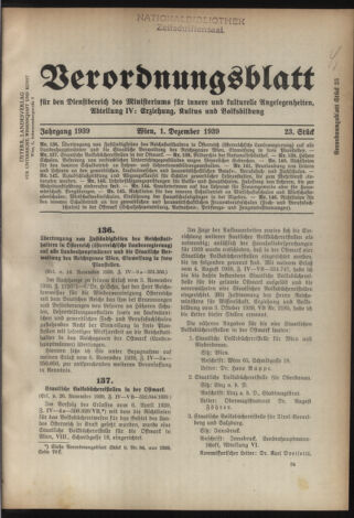 Verordnungsblatt für die Dienstbereiche der Bundesministerien für Unterricht und kulturelle Angelegenheiten bzw. Wissenschaft und Verkehr 19391201 Seite: 1