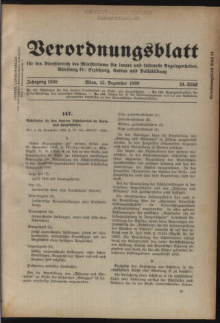 Verordnungsblatt für die Dienstbereiche der Bundesministerien für Unterricht und kulturelle Angelegenheiten bzw. Wissenschaft und Verkehr 19391215 Seite: 1