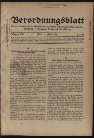 Verordnungsblatt für die Dienstbereiche der Bundesministerien für Unterricht und kulturelle Angelegenheiten bzw. Wissenschaft und Verkehr 19400115 Seite: 1