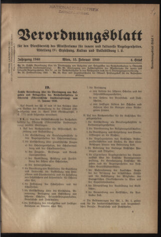 Verordnungsblatt für die Dienstbereiche der Bundesministerien für Unterricht und kulturelle Angelegenheiten bzw. Wissenschaft und Verkehr 19400215 Seite: 1