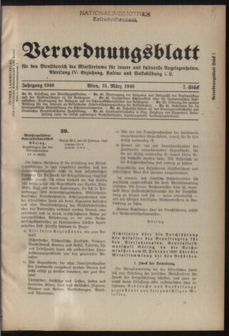 Verordnungsblatt für die Dienstbereiche der Bundesministerien für Unterricht und kulturelle Angelegenheiten bzw. Wissenschaft und Verkehr 19400331 Seite: 1