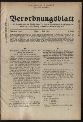 Verordnungsblatt für die Dienstbereiche der Bundesministerien für Unterricht und kulturelle Angelegenheiten bzw. Wissenschaft und Verkehr 19400501 Seite: 1