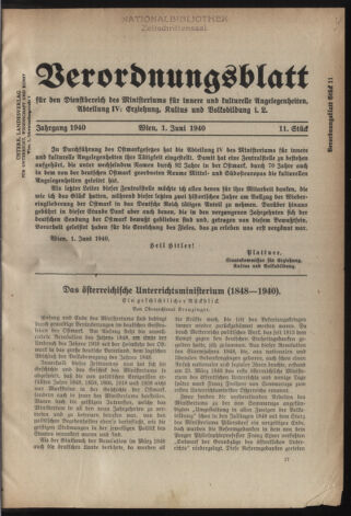 Verordnungsblatt für die Dienstbereiche der Bundesministerien für Unterricht und kulturelle Angelegenheiten bzw. Wissenschaft und Verkehr 19400601 Seite: 1