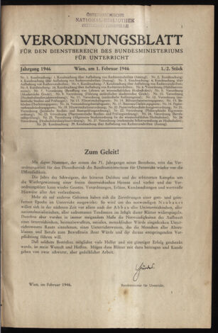 Verordnungsblatt für die Dienstbereiche der Bundesministerien für Unterricht und kulturelle Angelegenheiten bzw. Wissenschaft und Verkehr 19460201 Seite: 1