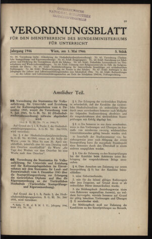 Verordnungsblatt für die Dienstbereiche der Bundesministerien für Unterricht und kulturelle Angelegenheiten bzw. Wissenschaft und Verkehr 19460501 Seite: 1