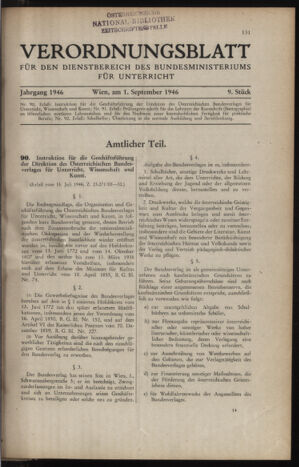 Verordnungsblatt für die Dienstbereiche der Bundesministerien für Unterricht und kulturelle Angelegenheiten bzw. Wissenschaft und Verkehr 19460901 Seite: 1