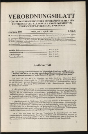 Verordnungsblatt für die Dienstbereiche der Bundesministerien für Unterricht und kulturelle Angelegenheiten bzw. Wissenschaft und Verkehr 19960401 Seite: 1