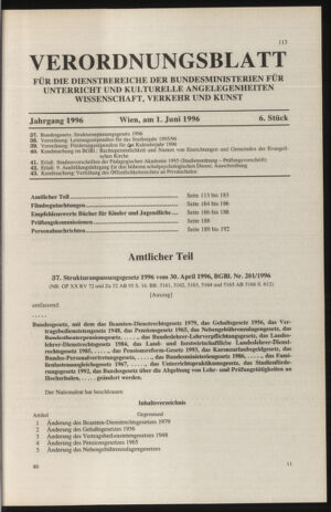 Verordnungsblatt für die Dienstbereiche der Bundesministerien für Unterricht und kulturelle Angelegenheiten bzw. Wissenschaft und Verkehr 19960601 Seite: 1