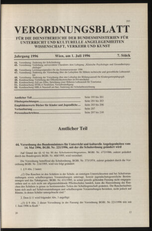 Verordnungsblatt für die Dienstbereiche der Bundesministerien für Unterricht und kulturelle Angelegenheiten bzw. Wissenschaft und Verkehr 19960701 Seite: 1