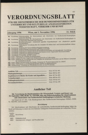 Verordnungsblatt für die Dienstbereiche der Bundesministerien für Unterricht und kulturelle Angelegenheiten bzw. Wissenschaft und Verkehr 19961101 Seite: 1