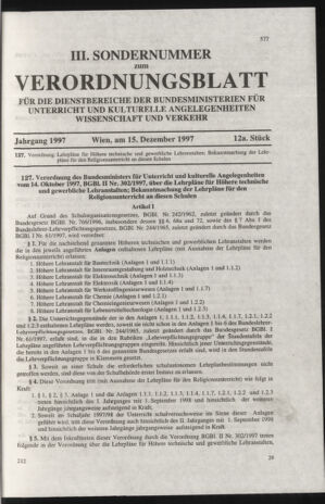 Verordnungsblatt für die Dienstbereiche der Bundesministerien für Unterricht und kulturelle Angelegenheiten bzw. Wissenschaft und Verkehr 19971215 Seite: 1