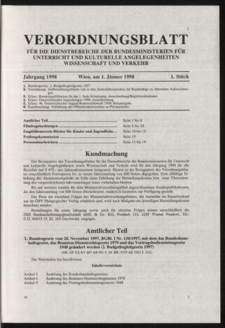 Verordnungsblatt für die Dienstbereiche der Bundesministerien für Unterricht und kulturelle Angelegenheiten bzw. Wissenschaft und Verkehr 19980101 Seite: 1