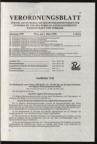 Verordnungsblatt für die Dienstbereiche der Bundesministerien für Unterricht und kulturelle Angelegenheiten bzw. Wissenschaft und Verkehr 19980301 Seite: 1