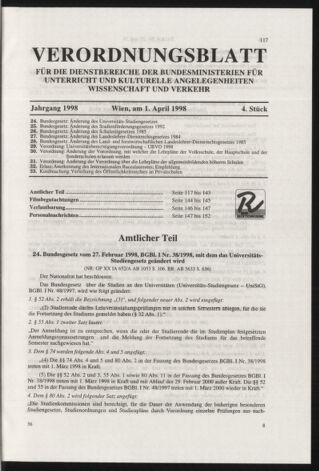 Verordnungsblatt für die Dienstbereiche der Bundesministerien für Unterricht und kulturelle Angelegenheiten bzw. Wissenschaft und Verkehr 19980401 Seite: 1