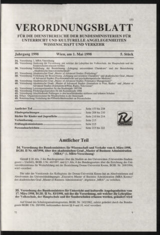 Verordnungsblatt für die Dienstbereiche der Bundesministerien für Unterricht und kulturelle Angelegenheiten bzw. Wissenschaft und Verkehr 19980501 Seite: 1