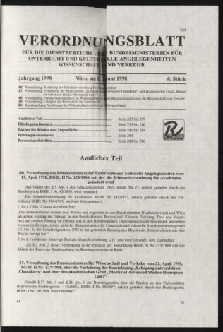 Verordnungsblatt für die Dienstbereiche der Bundesministerien für Unterricht und kulturelle Angelegenheiten bzw. Wissenschaft und Verkehr 19980601 Seite: 1