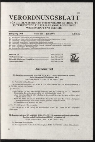 Verordnungsblatt für die Dienstbereiche der Bundesministerien für Unterricht und kulturelle Angelegenheiten bzw. Wissenschaft und Verkehr 19980701 Seite: 1