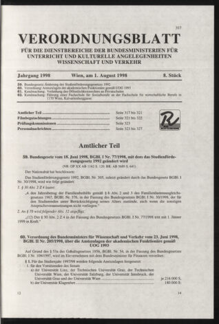 Verordnungsblatt für die Dienstbereiche der Bundesministerien für Unterricht und kulturelle Angelegenheiten bzw. Wissenschaft und Verkehr 19980801 Seite: 1