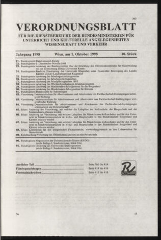 Verordnungsblatt für die Dienstbereiche der Bundesministerien für Unterricht und kulturelle Angelegenheiten bzw. Wissenschaft und Verkehr 19981001 Seite: 1