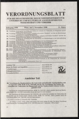 Verordnungsblatt für die Dienstbereiche der Bundesministerien für Unterricht und kulturelle Angelegenheiten bzw. Wissenschaft und Verkehr 19981101 Seite: 1