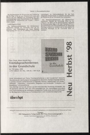 Verordnungsblatt für die Dienstbereiche der Bundesministerien für Unterricht und kulturelle Angelegenheiten bzw. Wissenschaft und Verkehr 19981101 Seite: 37