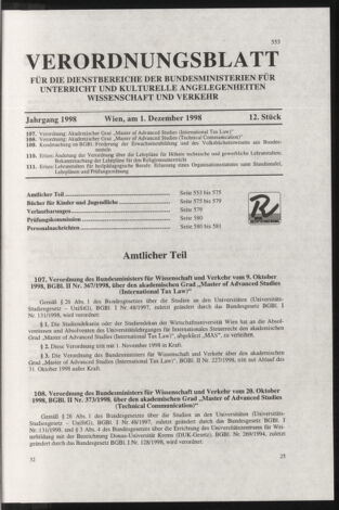 Verordnungsblatt für die Dienstbereiche der Bundesministerien für Unterricht und kulturelle Angelegenheiten bzw. Wissenschaft und Verkehr 19981201 Seite: 1