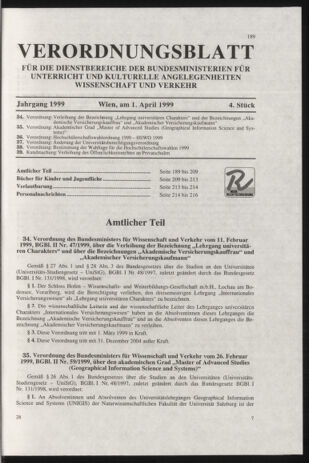 Verordnungsblatt für die Dienstbereiche der Bundesministerien für Unterricht und kulturelle Angelegenheiten bzw. Wissenschaft und Verkehr 19990401 Seite: 1