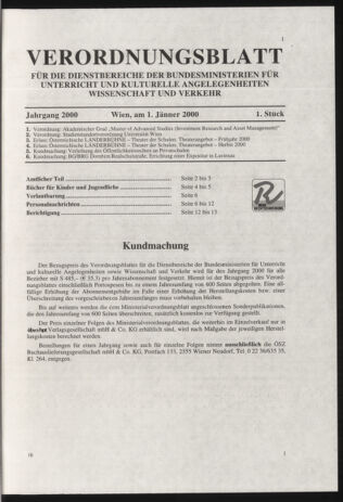 Verordnungsblatt für die Dienstbereiche der Bundesministerien für Unterricht und kulturelle Angelegenheiten bzw. Wissenschaft und Verkehr 20000101 Seite: 1