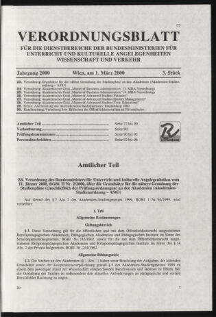 Verordnungsblatt für die Dienstbereiche der Bundesministerien für Unterricht und kulturelle Angelegenheiten bzw. Wissenschaft und Verkehr 20000301 Seite: 1