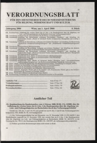 Verordnungsblatt für die Dienstbereiche der Bundesministerien für Unterricht und kulturelle Angelegenheiten bzw. Wissenschaft und Verkehr 20000401 Seite: 1