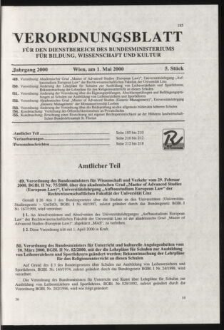 Verordnungsblatt für die Dienstbereiche der Bundesministerien für Unterricht und kulturelle Angelegenheiten bzw. Wissenschaft und Verkehr 20000501 Seite: 1