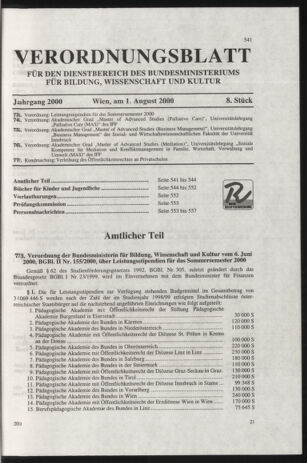 Verordnungsblatt für die Dienstbereiche der Bundesministerien für Unterricht und kulturelle Angelegenheiten bzw. Wissenschaft und Verkehr 20000801 Seite: 1