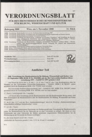 Verordnungsblatt für die Dienstbereiche der Bundesministerien für Unterricht und kulturelle Angelegenheiten bzw. Wissenschaft und Verkehr 20001101 Seite: 1