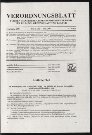 Verordnungsblatt für die Dienstbereiche der Bundesministerien für Unterricht und kulturelle Angelegenheiten bzw. Wissenschaft und Verkehr 20010501 Seite: 1