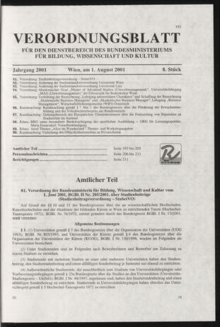 Verordnungsblatt für die Dienstbereiche der Bundesministerien für Unterricht und kulturelle Angelegenheiten bzw. Wissenschaft und Verkehr 20010801 Seite: 1