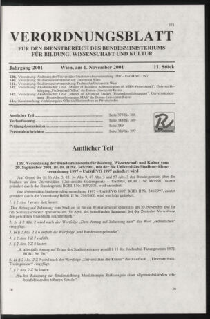 Verordnungsblatt für die Dienstbereiche der Bundesministerien für Unterricht und kulturelle Angelegenheiten bzw. Wissenschaft und Verkehr 20011101 Seite: 1