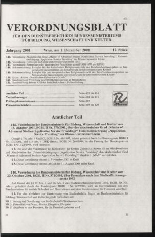 Verordnungsblatt für die Dienstbereiche der Bundesministerien für Unterricht und kulturelle Angelegenheiten bzw. Wissenschaft und Verkehr 20011201 Seite: 1