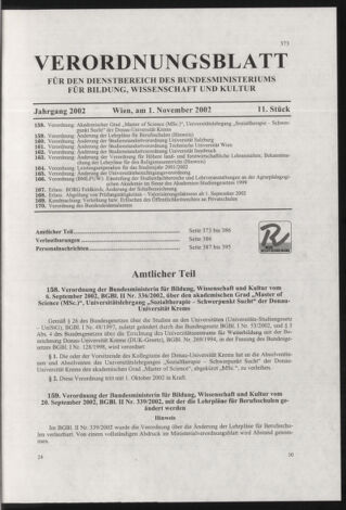 Verordnungsblatt für die Dienstbereiche der Bundesministerien für Unterricht und kulturelle Angelegenheiten bzw. Wissenschaft und Verkehr 20021101 Seite: 1