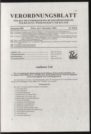 Verordnungsblatt für die Dienstbereiche der Bundesministerien für Unterricht und kulturelle Angelegenheiten bzw. Wissenschaft und Verkehr 20021201 Seite: 1