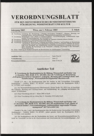 Verordnungsblatt für die Dienstbereiche der Bundesministerien für Unterricht und kulturelle Angelegenheiten bzw. Wissenschaft und Verkehr 20030201 Seite: 1