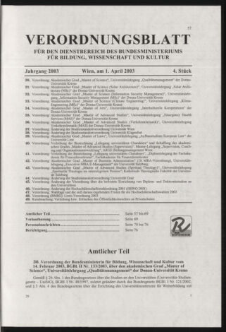 Verordnungsblatt für die Dienstbereiche der Bundesministerien für Unterricht und kulturelle Angelegenheiten bzw. Wissenschaft und Verkehr 20030401 Seite: 1